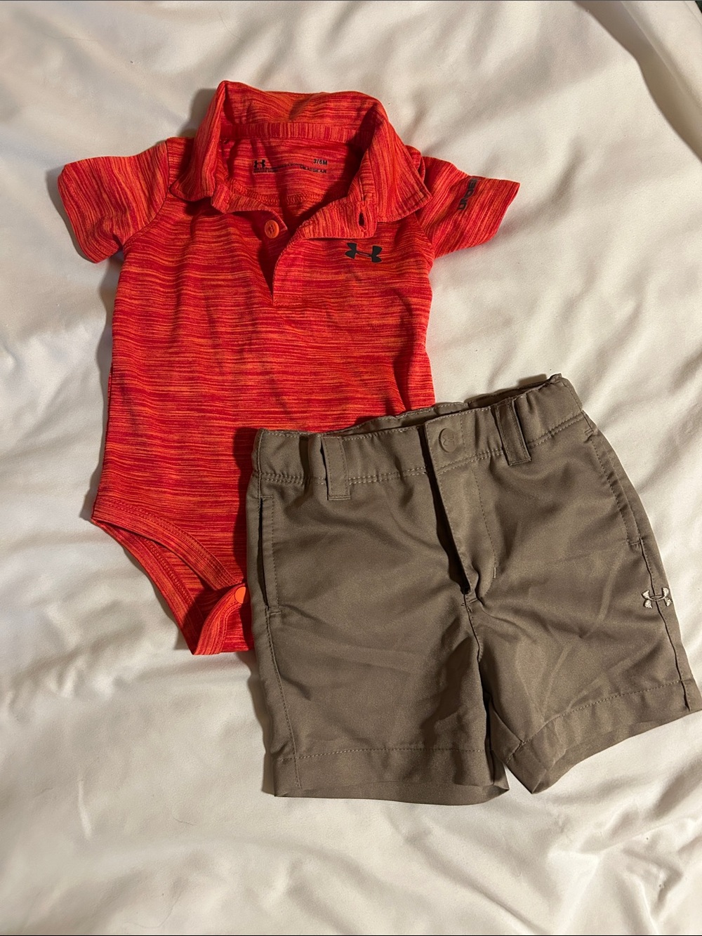 Under Armour Red Heather Polo Onesie with Tan Shorts